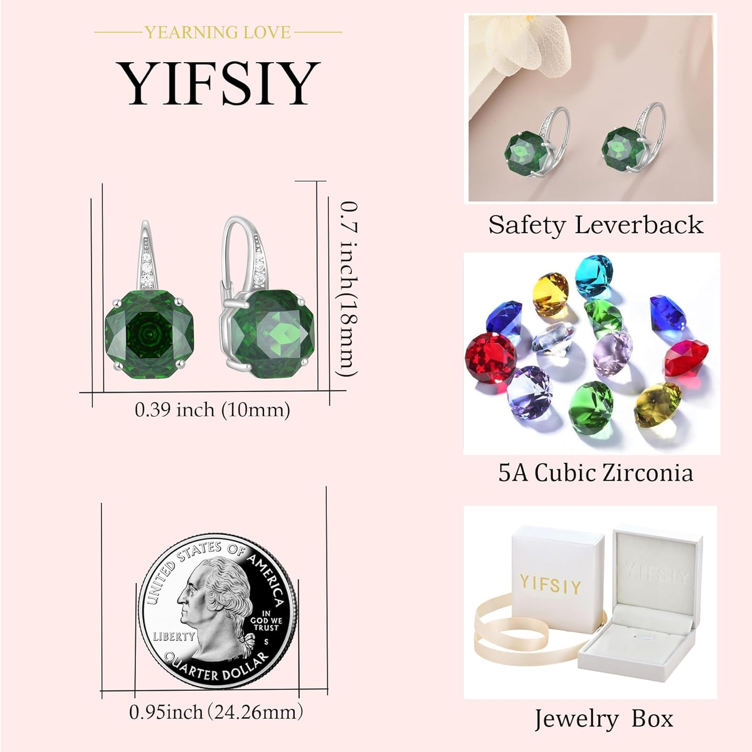 YIFISIY Rose Dangle Drop Earrings for Women, 925 Sterling Silver 10mm Rose cut Birthstone Octagonal Leverback Earring Flower Jewelry Gifts for Her - Image 6