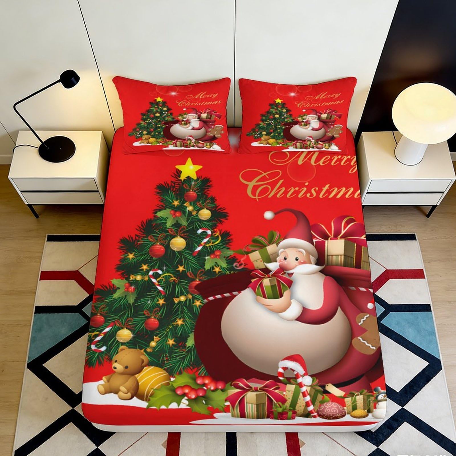 3D Printed Christmas Tree Reindeer Fitted Sheet Microfiber Deep Pocket Bedroom Bedding Christmas Mattress Fitted Cover Non-Slip Washable 140x200x25cm