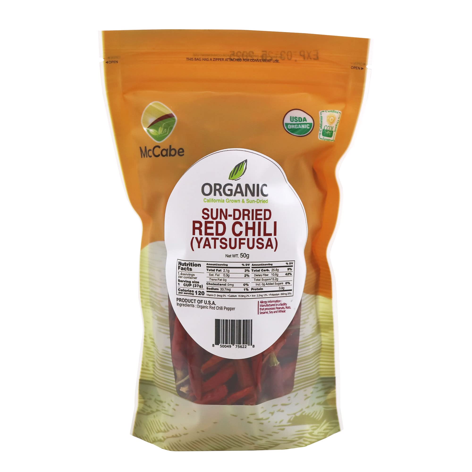 McCabe Organic Sun-Dried Red Chili Pepper - Dried Japanese Variety Chili Peppers | Rich with Vitamin D & Minerals | USDA and CCOF Certified | Product of USA | 50g (Japanese Pepper/Yatsufusa Variety)USDA Organic