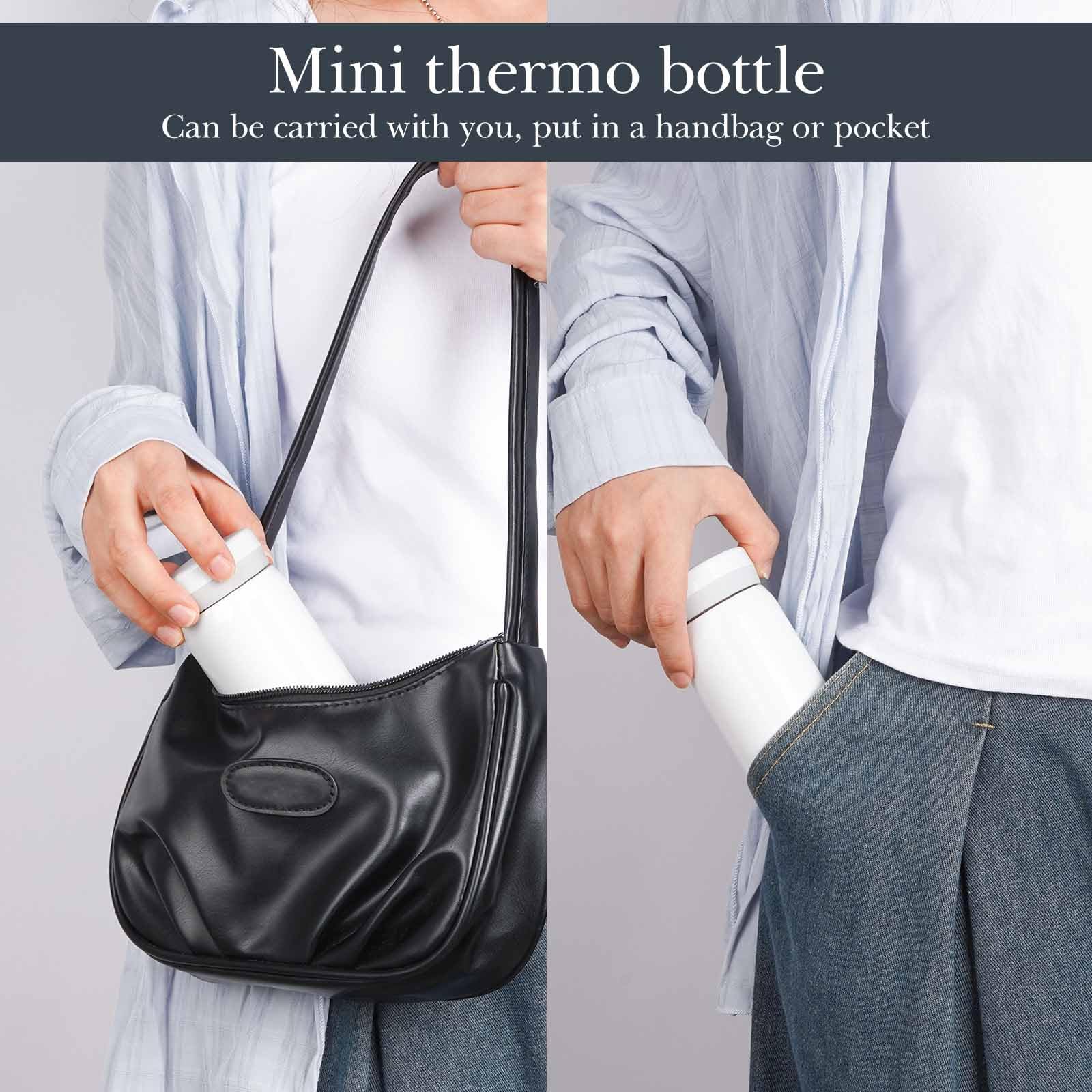Image showing the Linkidea Mini Water Bottle being placed into a handbag and a pant pocket, demonstrating its compact size.