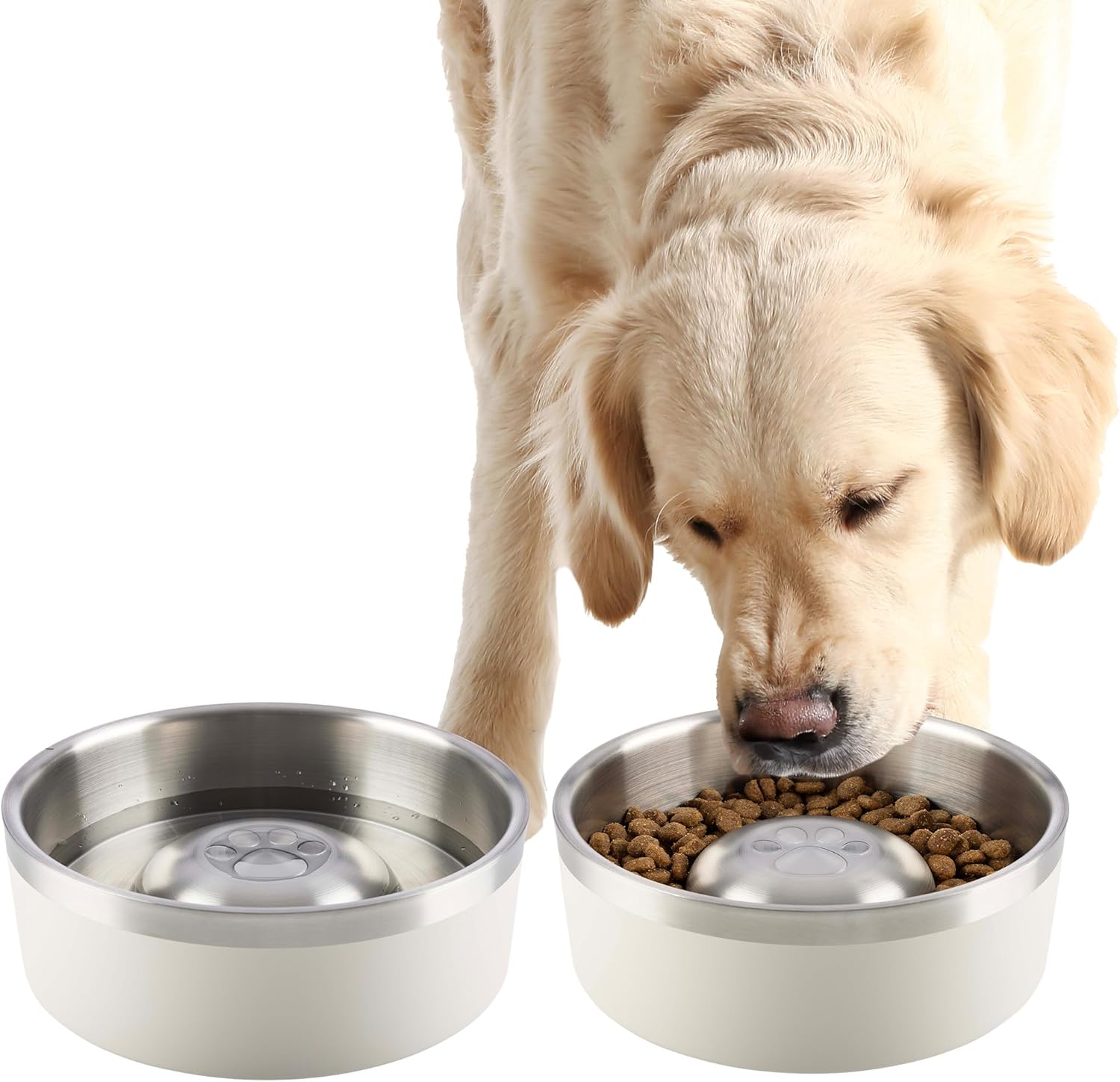 Set of 2 Stainless Steel Slow Feeder Dog Bowls - 60oz or 7.5 Cups Double Wall Insulated Food and Water Bowls for Dogs - Non Slip Metal Pet Dishes for Medium to Large Sized Pets by PETMAKER (Cream)