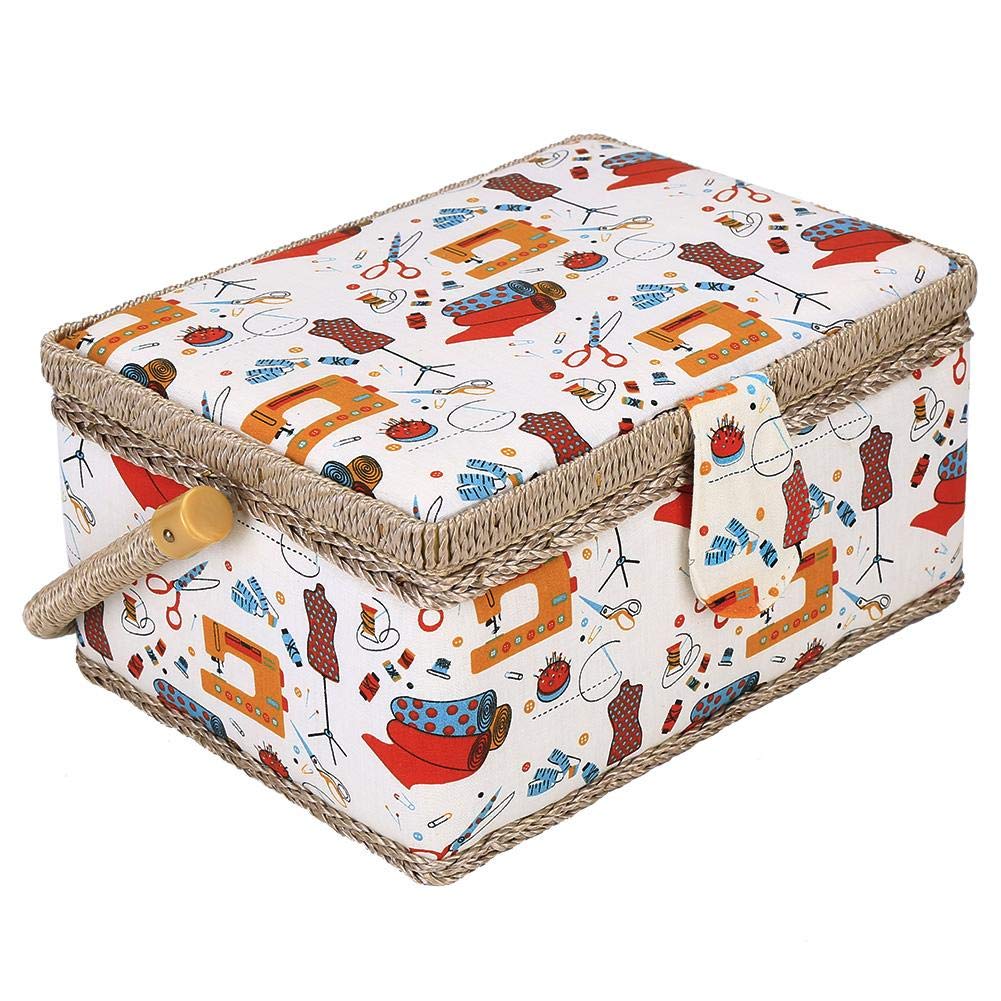 Caja de costura de madera multicolor, grande, organizadora, cesta de tela, hilo y aguja naranja