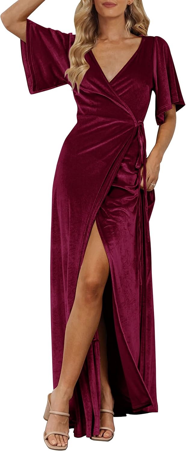 MEROKEETY Women's V-Neck Wrap Velvet Maxi Dress Bell Sleeve Split Hem Bridesmaid Wedding Guest Cocktail Formal Gown