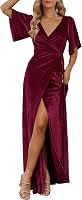 MEROKEETY Women's V-Neck Wrap Velvet Maxi Dress Bell Sleeve Split Hem Bridesmaid Wedding Guest Cocktail Formal Gown