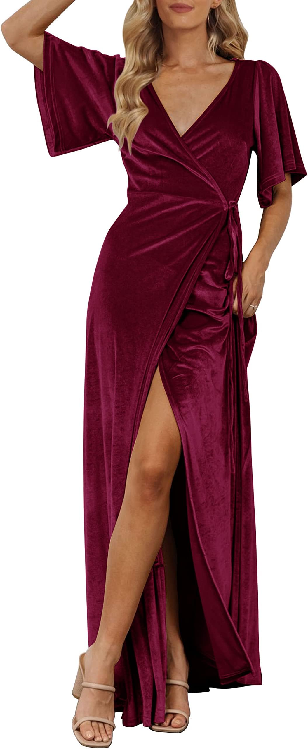 MEROKEETY Women's V Neck Wrap Velvet Maxi Wedding Guest Dress Bell Sleeve Split Bridesmaid Cocktail Party Formal Dresses