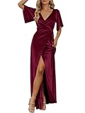 Women&apos;s V Neck Wrap Velvet Maxi Wedding Guest Dress Bell Sleeve Split Bridesmaid Cocktail Party Formal Dresses