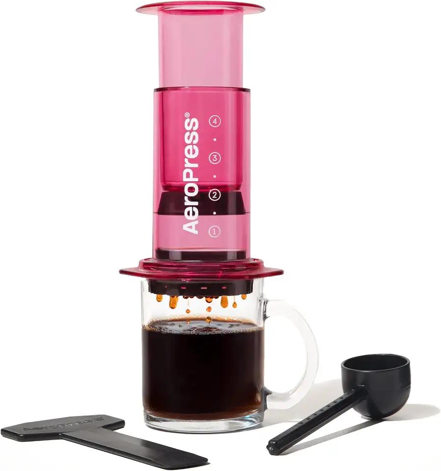 AeroPress Clear Pink Coffee Press, prensa francesa multifuncional, cafeteira manual estilo espresso e pour-over, preparo em 2 minutos, cafeteira portátil pequena para viagem e acampamento