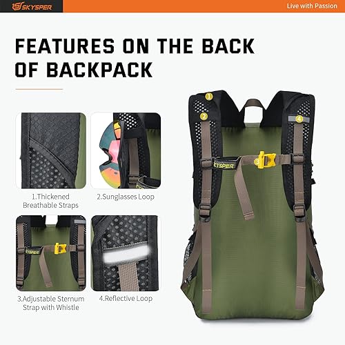 Miniatura 6 de SKYSPER Mochila de senderismo plegable de 30 L, ligera, mochila de viaje para mujeres y hombres, Ishell30-verde militar, Mochilas Daypack