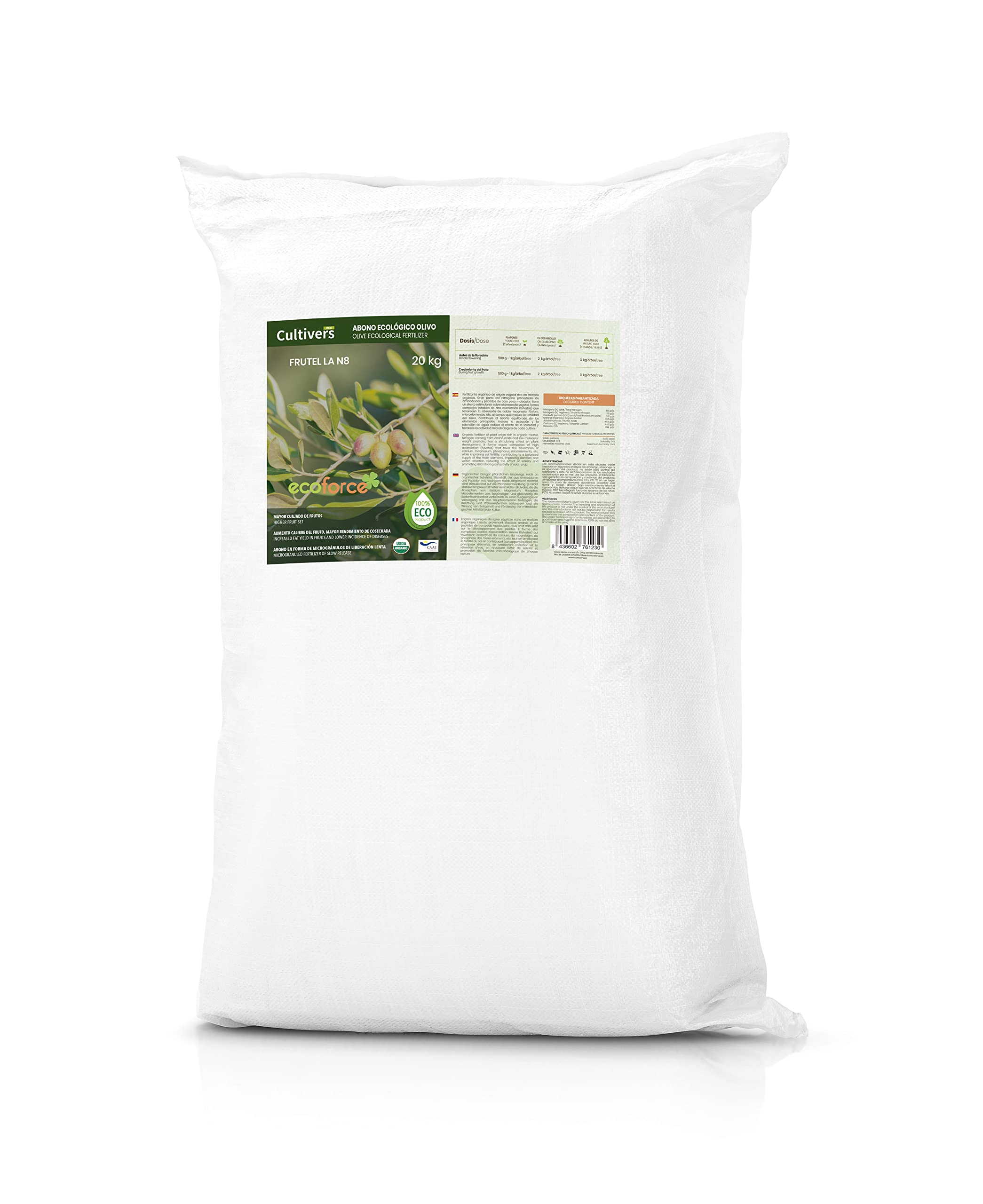 CULTIVERS Abono Olivo y Plantas Mediterráneas Ecológico 20 kg granulado. 100% Orgánico y Vegano. Mejora la Productividad
