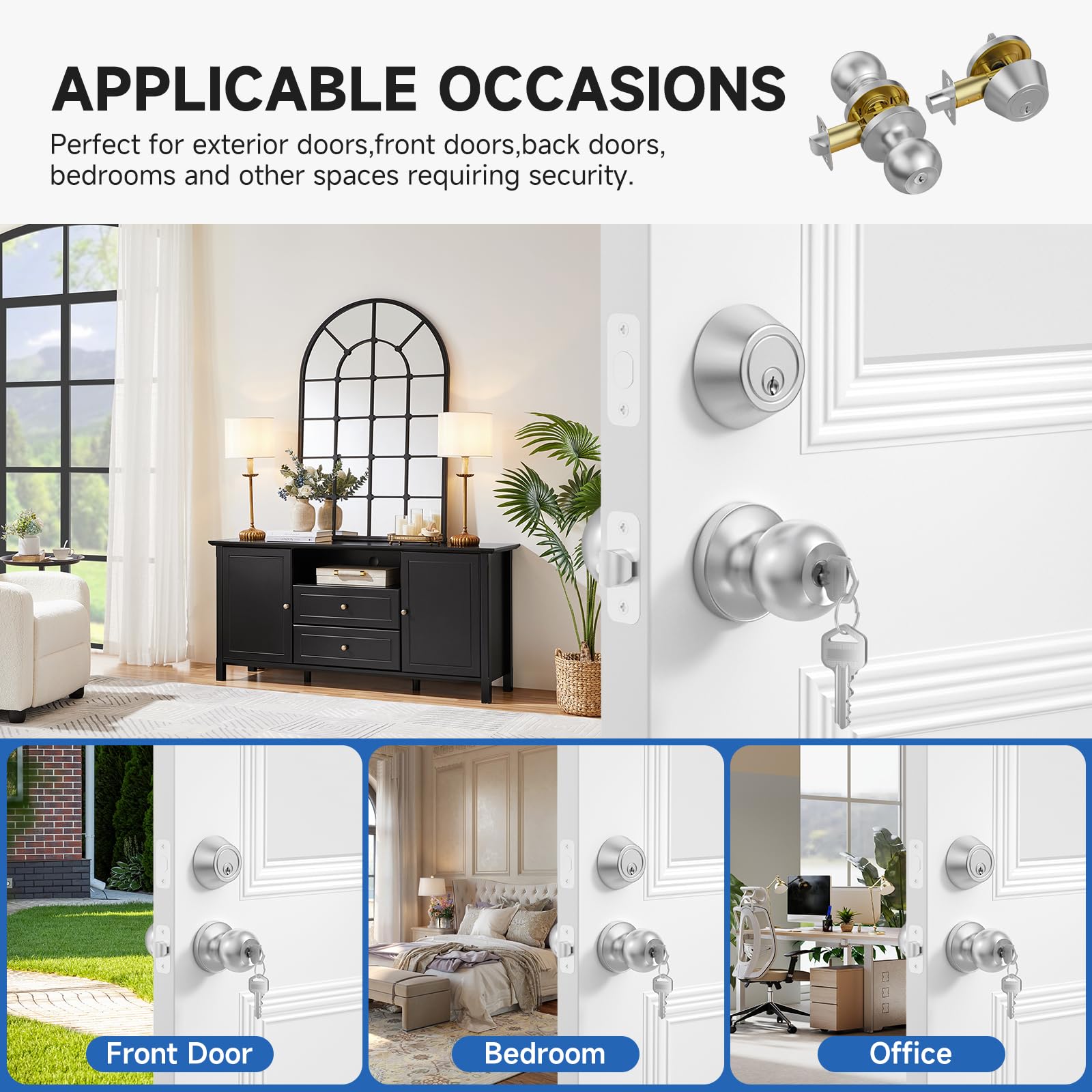 Estmoon Satin Nickel Door Lock Set - 3 Pack Secure Front Door -5