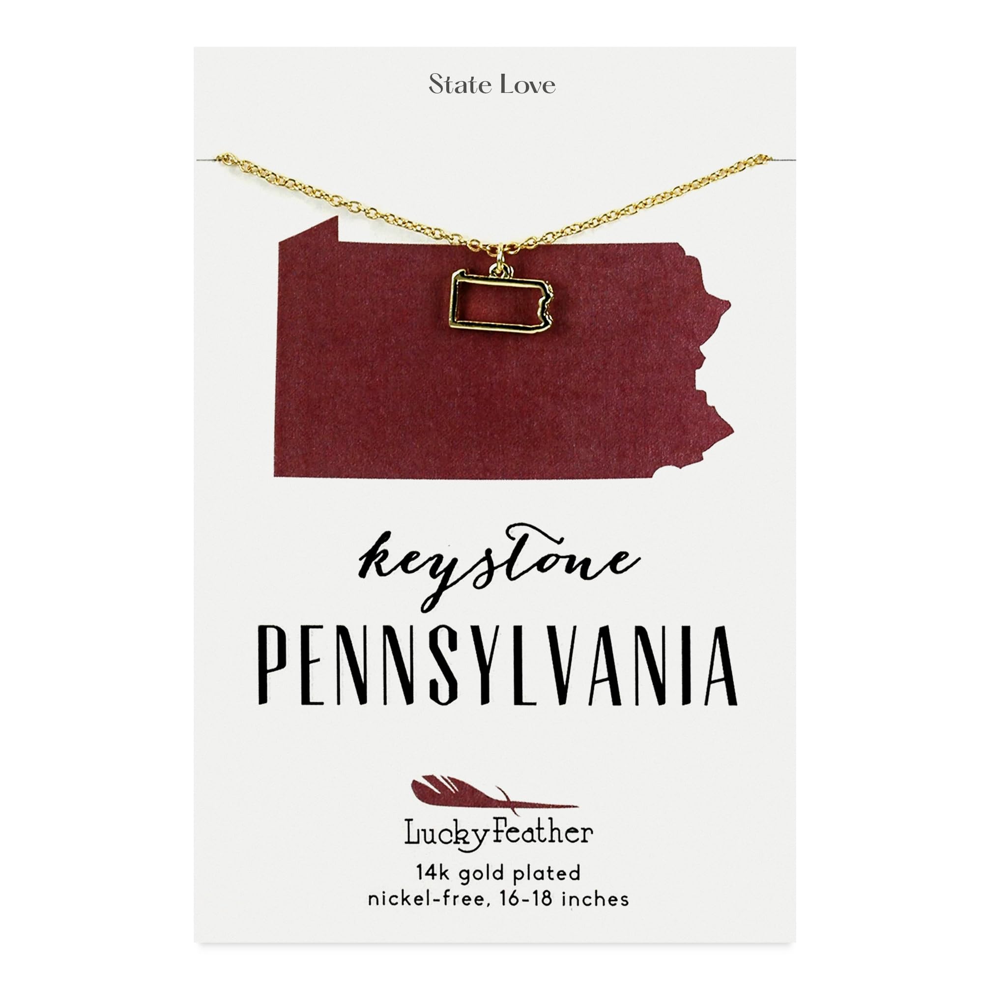 Lucky Feather State Shaped Necklace | 14k Gold-Dipped Pendant Necklace | Christmas Stocking Stuffer | State Love Fashion Jewelry For Women | Dainty