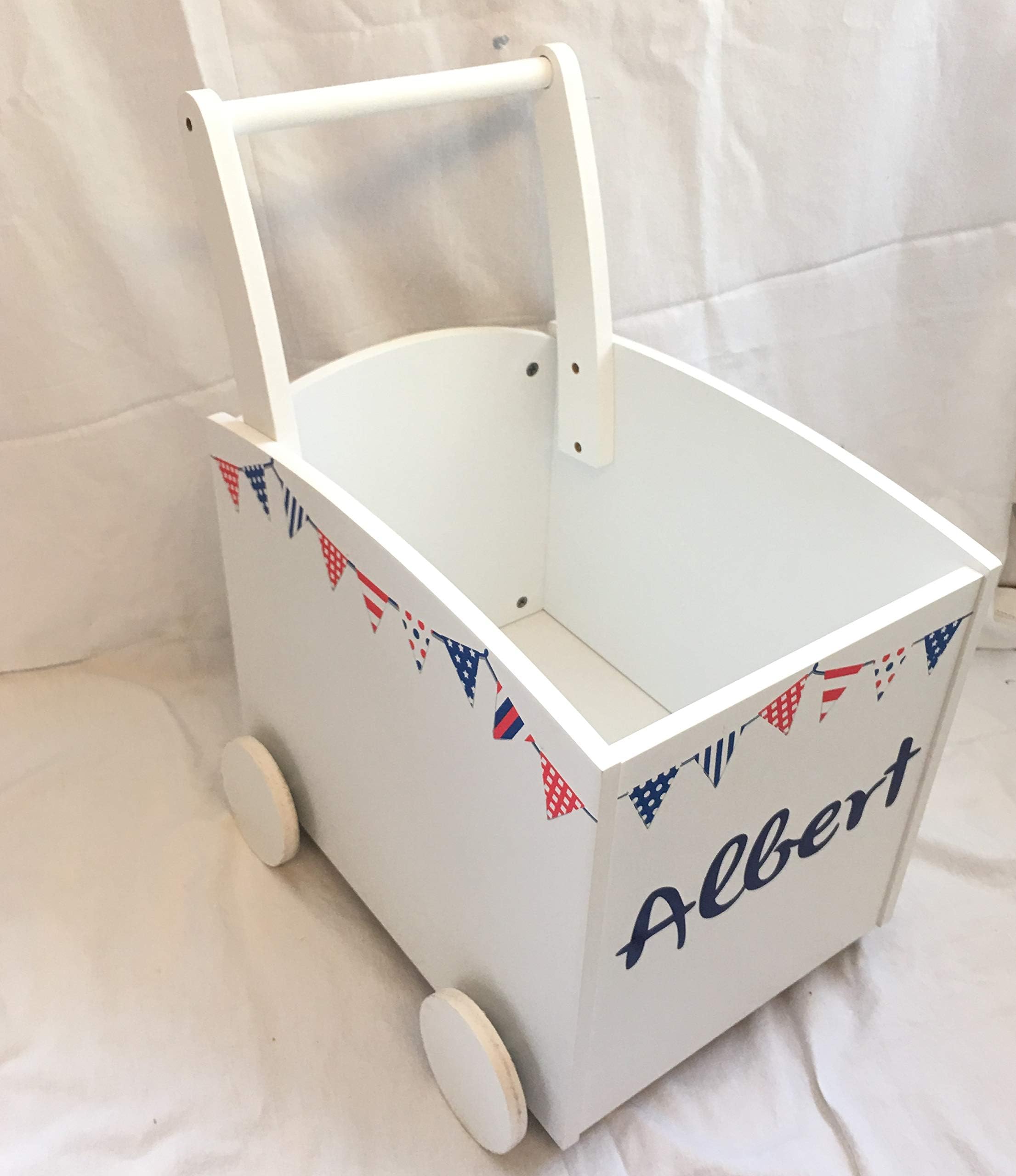 Kids Wooden Walker Storage Push Cart Toy Box Personalised (Red)