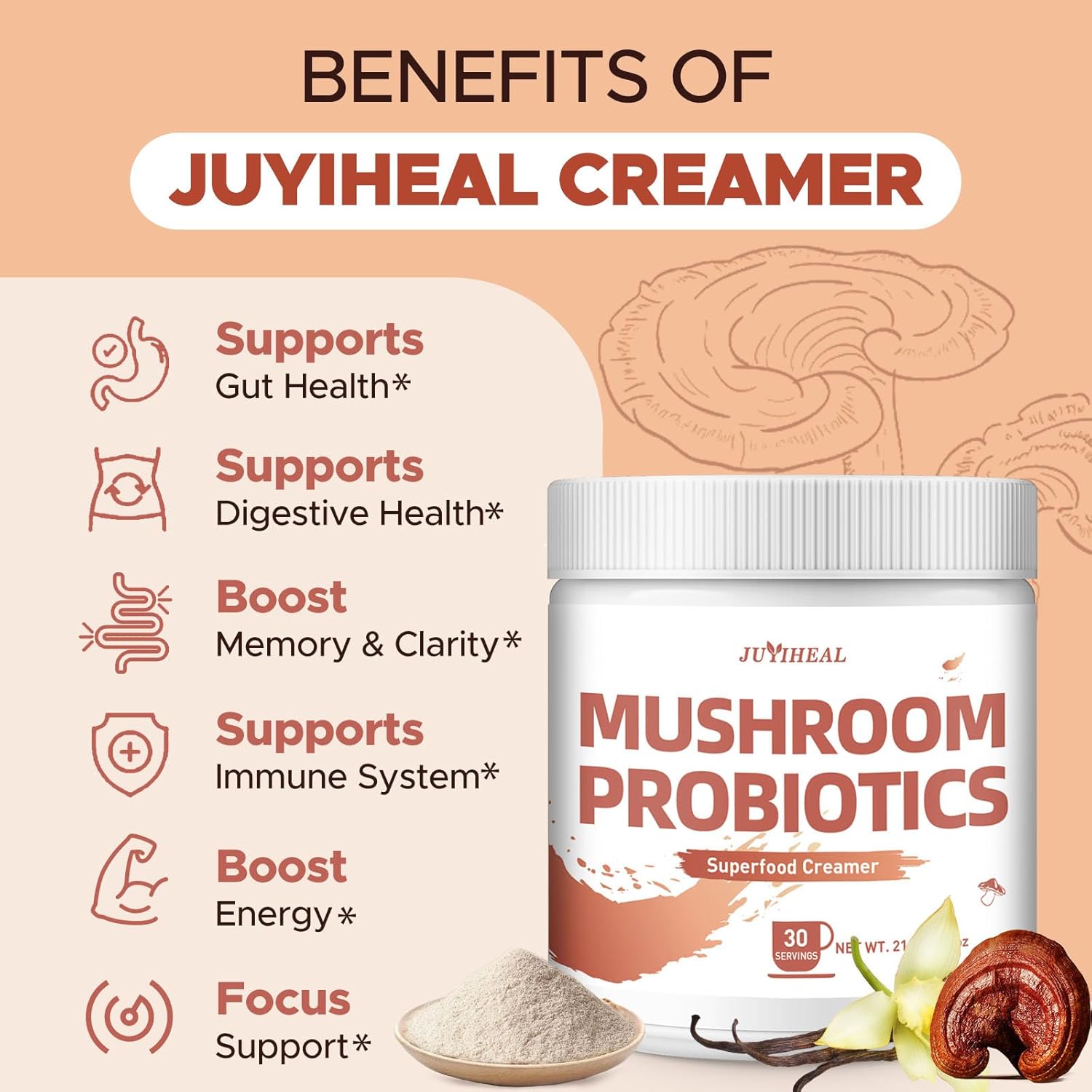 JUYIHEAL Mushroom Coffee Creamer, 210g Mushroom Probiotic Coffee Creamer with Adaptogenic 6 Mushrooms, Cordyceps, Reishi, King Trumpet, Shiitake, Turkey Tail, Lion's Mane for Energy, Focus, Digestion