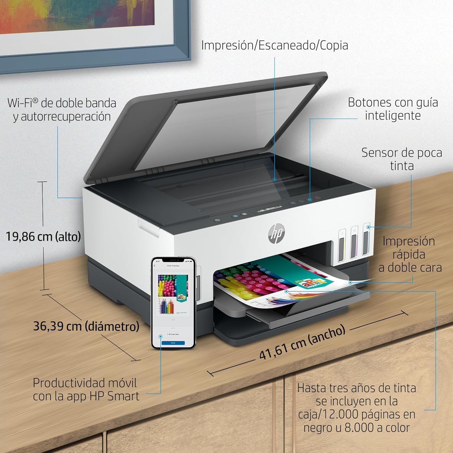 HP Smart Tank 6005, Impresora A4 Multifunción a Color, Inyección de Tinta, Wi-Fi de Doble Banda, Impresión automática a Doble Cara, Escáner, Copiadora, Smart App, Tinta incluida hasta 3 años