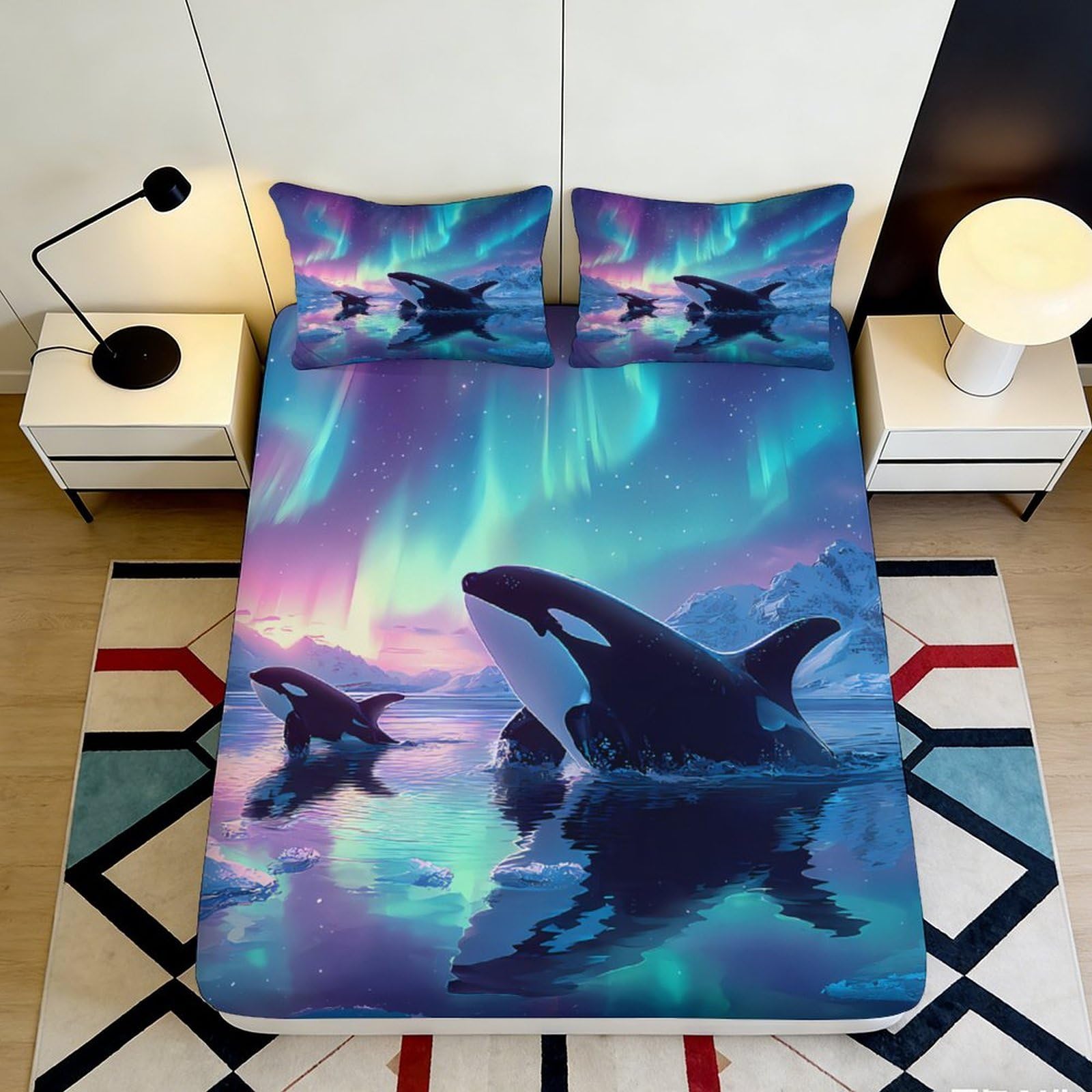 3D Printed Orca Whale Aurora Fitted Sheet Microfiber Soft Breathable Northern Lights Bed Cover for Bedroom Dormitory Guest Room Mattress Protection 120x200x25cm