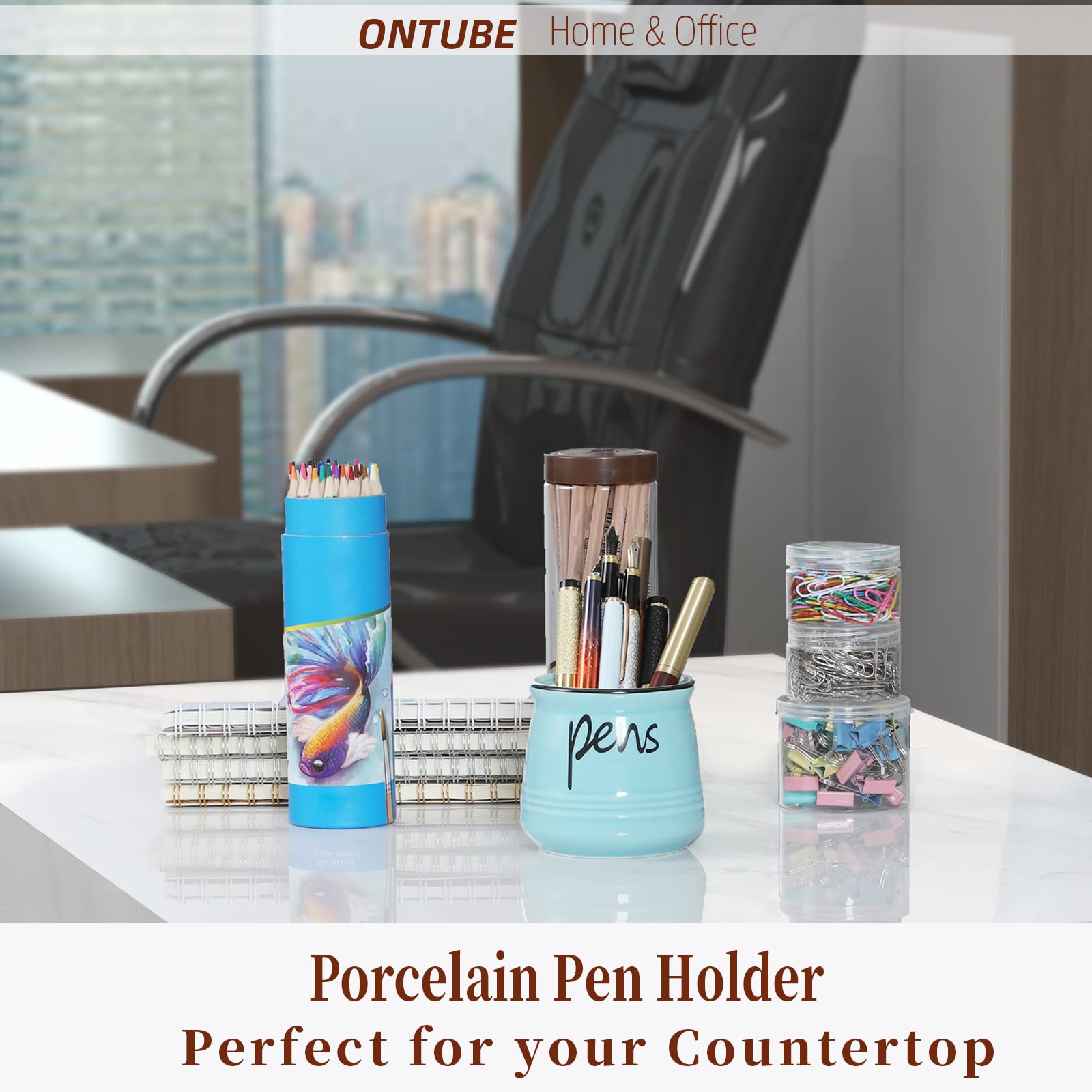 ONTUBE Soporte para bolígrafos de porcelana, soporte para lápices de cerámica (turquesa)