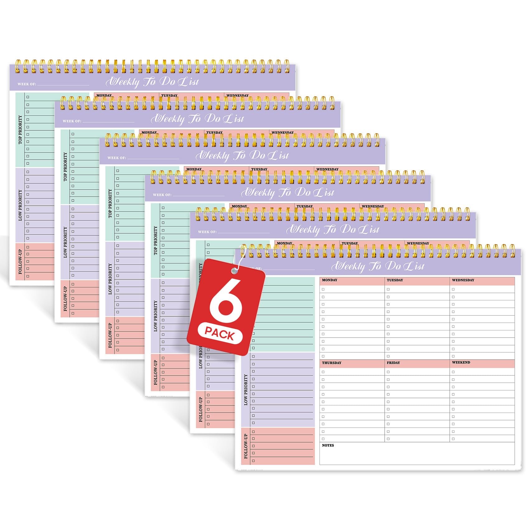 6 Stück wöchentliche To-Do-Listen-Notizblöcke mit 52 undatierten Blättern (21,6 x 27,9 cm), Wochenplaner für Damen und Herren, Arbeit und Zuhause, Violetter Traum