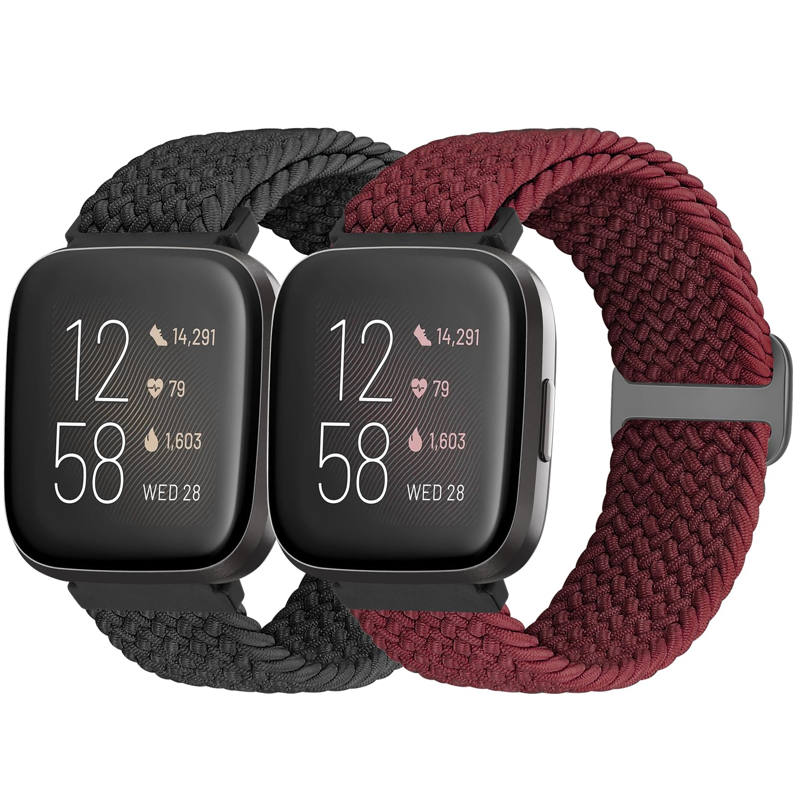 Bcuckood Braided Strap Compatible for Fitbit Versa 2/Versa Lite/Versa SE, 2 Pack Adjustable Elastic Nylon Sport Watch Band for Women Men — image 1