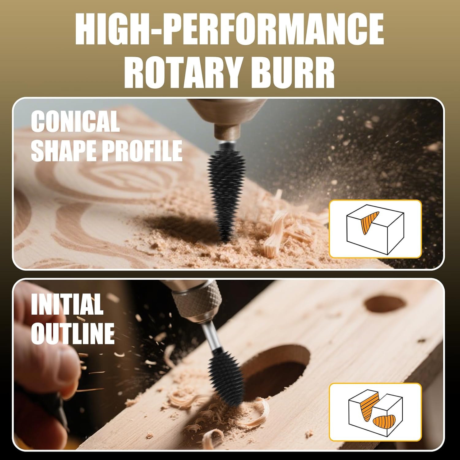 CAELUM Carbide Rotary Burr Kit, 2-Piece Wood Carving Burr Set, 1/8" Shaft Very Coarse Burrs for Fast Material Removal, Flame Taper Bits for Dremel, DeWalt Rotary Tools, Wood Rubber Plastic
