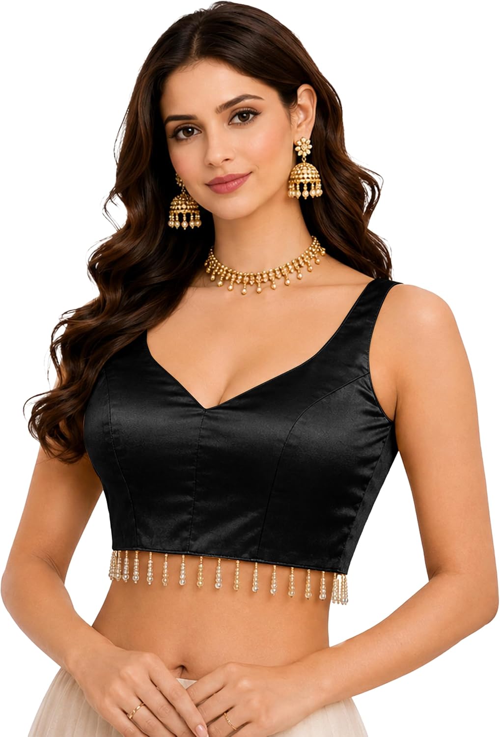 TRENDMALLS Women's Gaji Silk Sleeveless Beads Lace Work Blouse Choli Stylish Saree Blouse Ready to Wear