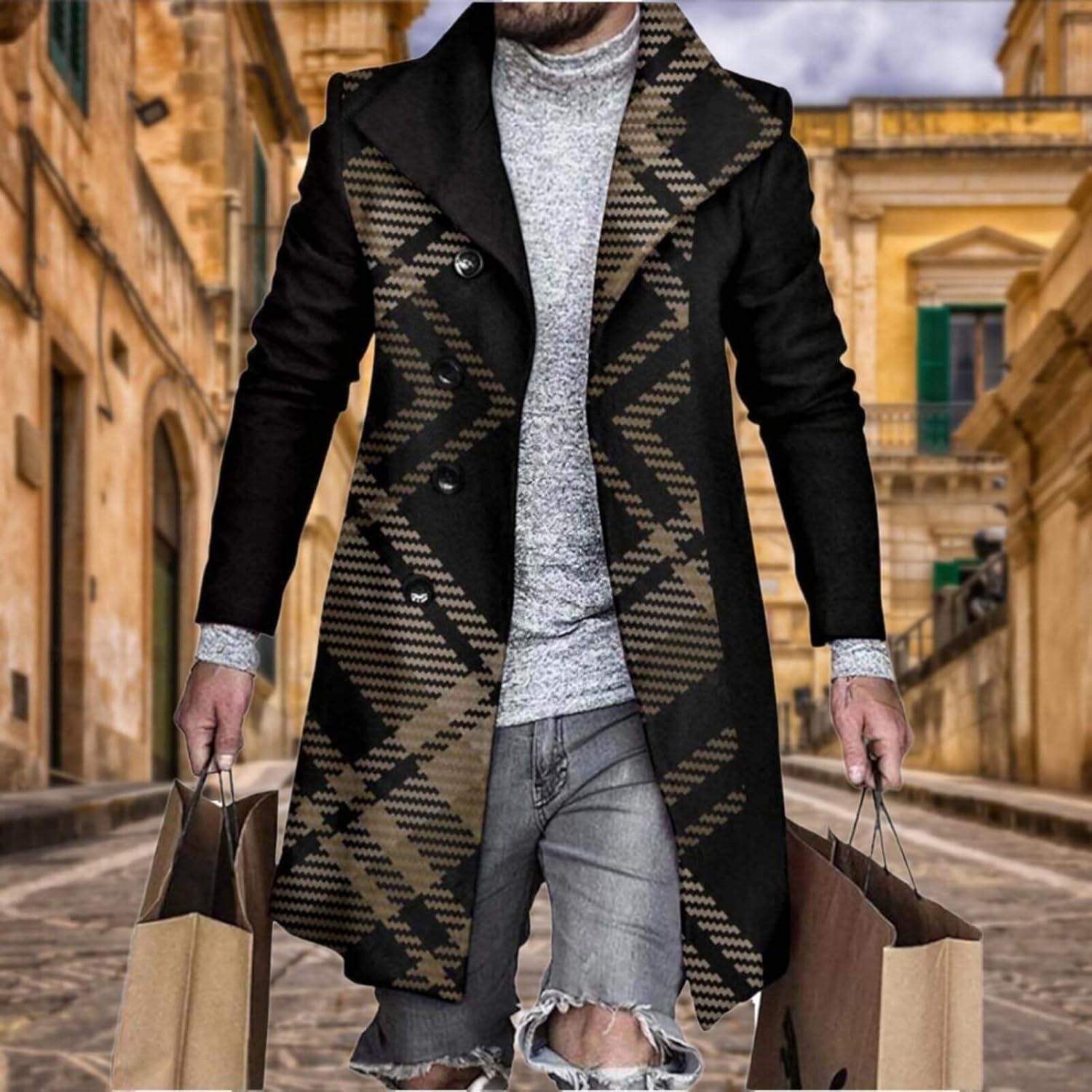 Men's Plaid Long Trench Coat Mid - Length Lapel Collar Button Down Warm Overcoat for Winter & Autumn Fashion - Image 4