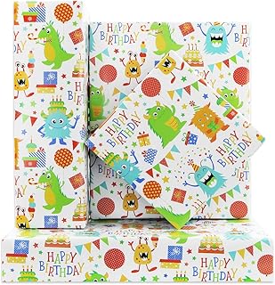 Happy Birthday Little Monsters Wrapping Paper Set of 4 Sheets Folded Flat 20x28 inches Per Sheet For Boys Kids Girls Men Women, Colorful Gift Wrap Paper For all Birthday Party Baby Shower Kindergarten Celebrating Occasions
