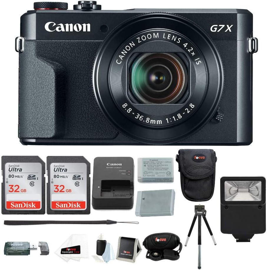 Canon Powershot G7X Mark II Digital Camera with Total of 64GB Memory (2 x 32GB) + NB-13L Battery + Flash + Accessory Bundle (6 Items)