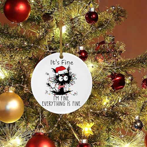 Miniatura 5 de Divertido adorno de Navidad para decoración de árbol de Navidad, It's Fine I'm Fine Everything is Fine, adorno de cerámica de gato negro para