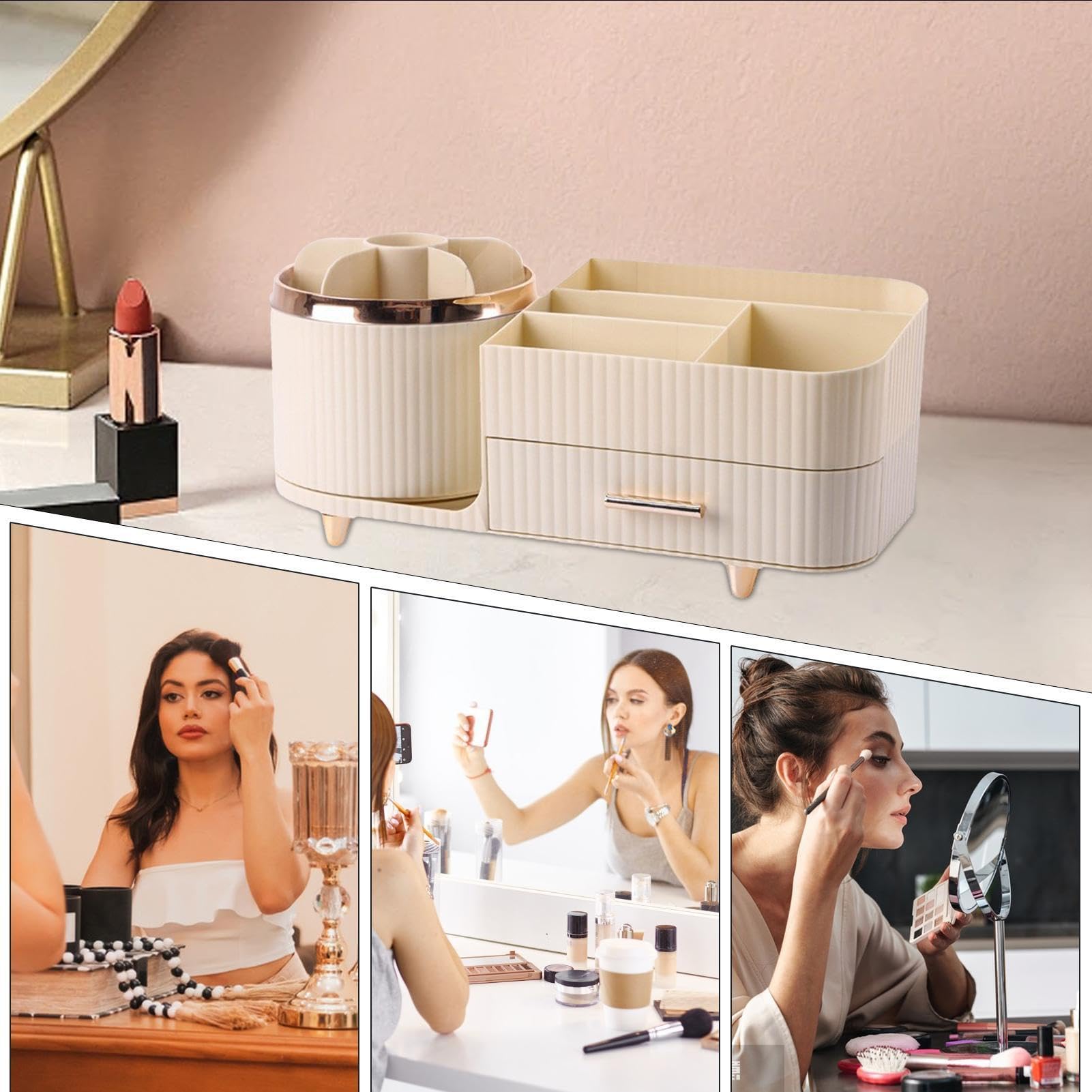 Organizer per cosmetici, girevole a 360 gradi, con cassetti, , Siehe | Portaspazzoli leggero e lussuoso, elegante supporto per la cura della pelle, ripiano salvaspazio per trucco, unghie, eyeliner