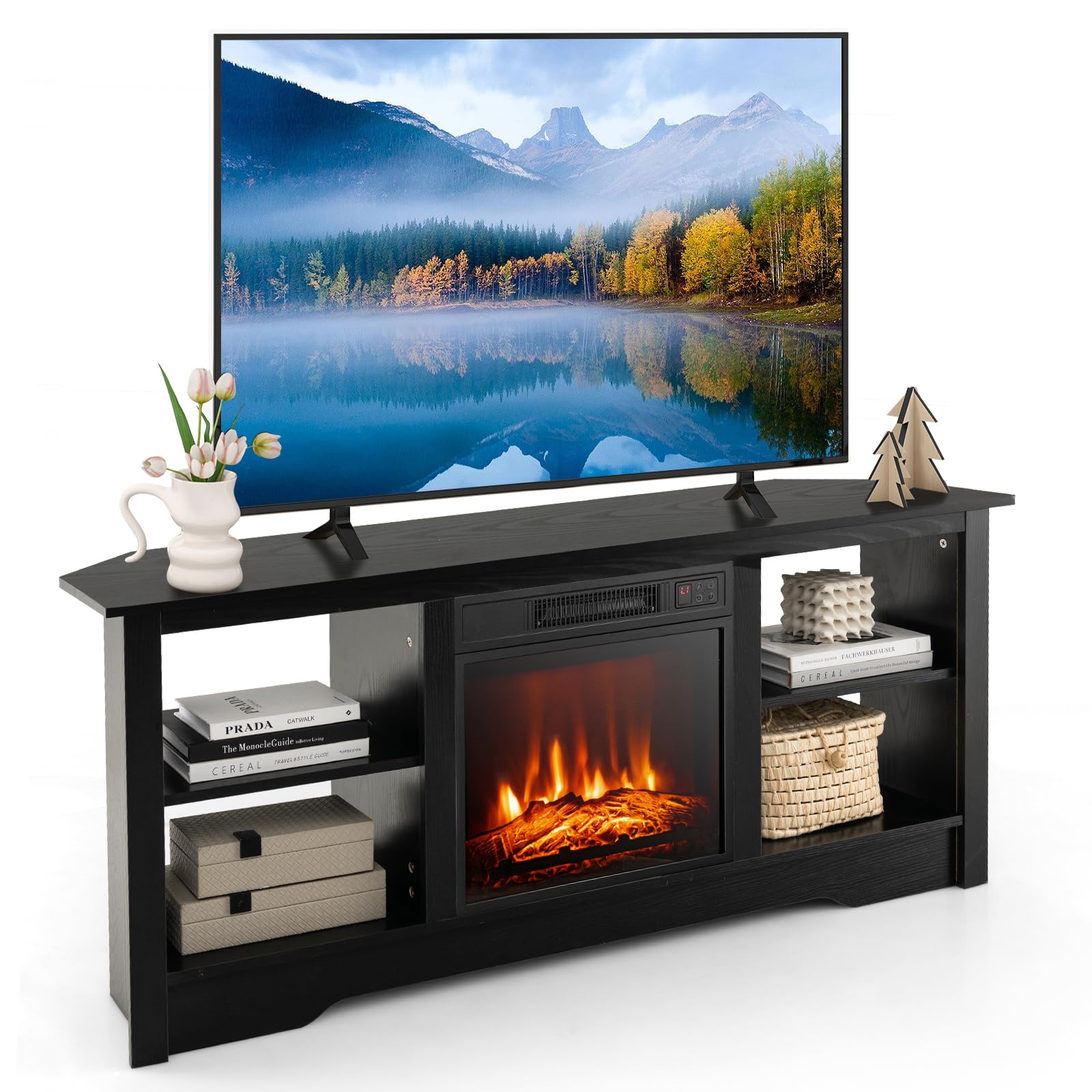 Tangkula 58” Fireplace TV Stand, Home Entertainment Center with 18” 1400W Electric Fireplace, with Remote & Adjustable Brightness, Corner Media Console Table for up to 65” TVs (Black)