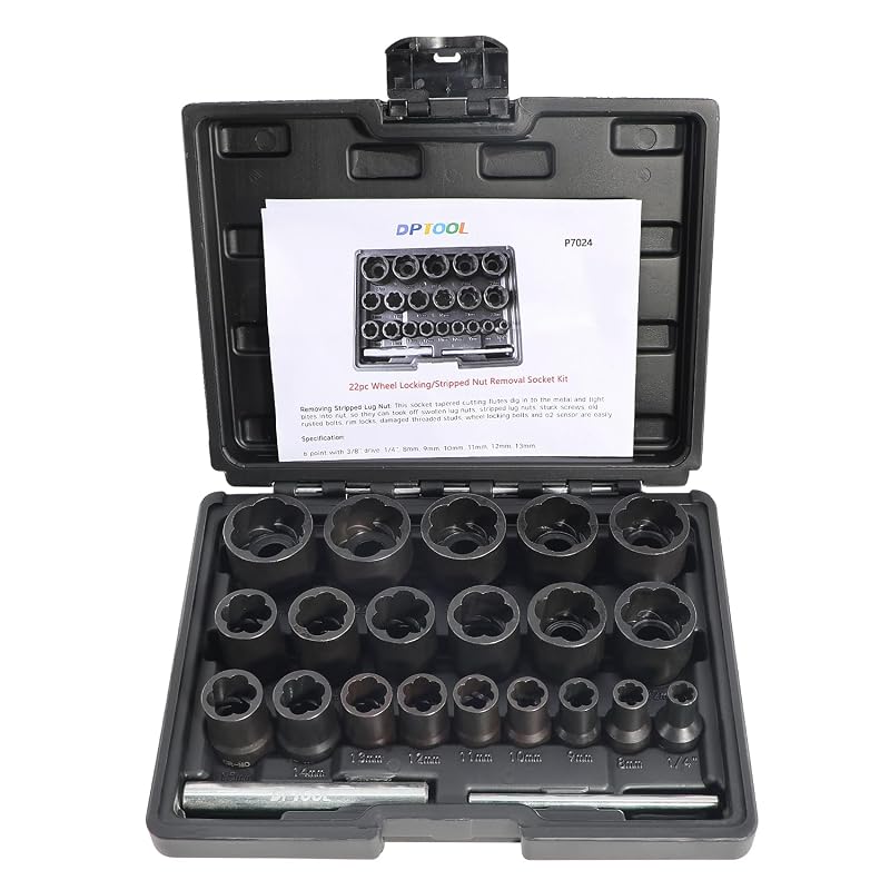 Kit de Soquetes Extratores de Porcas e Parafusos DPTOOL com Encaixes de 9,5 mm e 12,7 mm, 22 peças