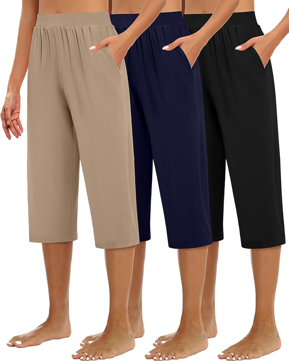 Huukeay 3 Pack Women's Wide Leg Capris Sweatpants | Ladies Elastic Waist Capri Pants with Pockets, Lounge Yoga Summer Cropped Trousers, Solid Workout Running Joggers
