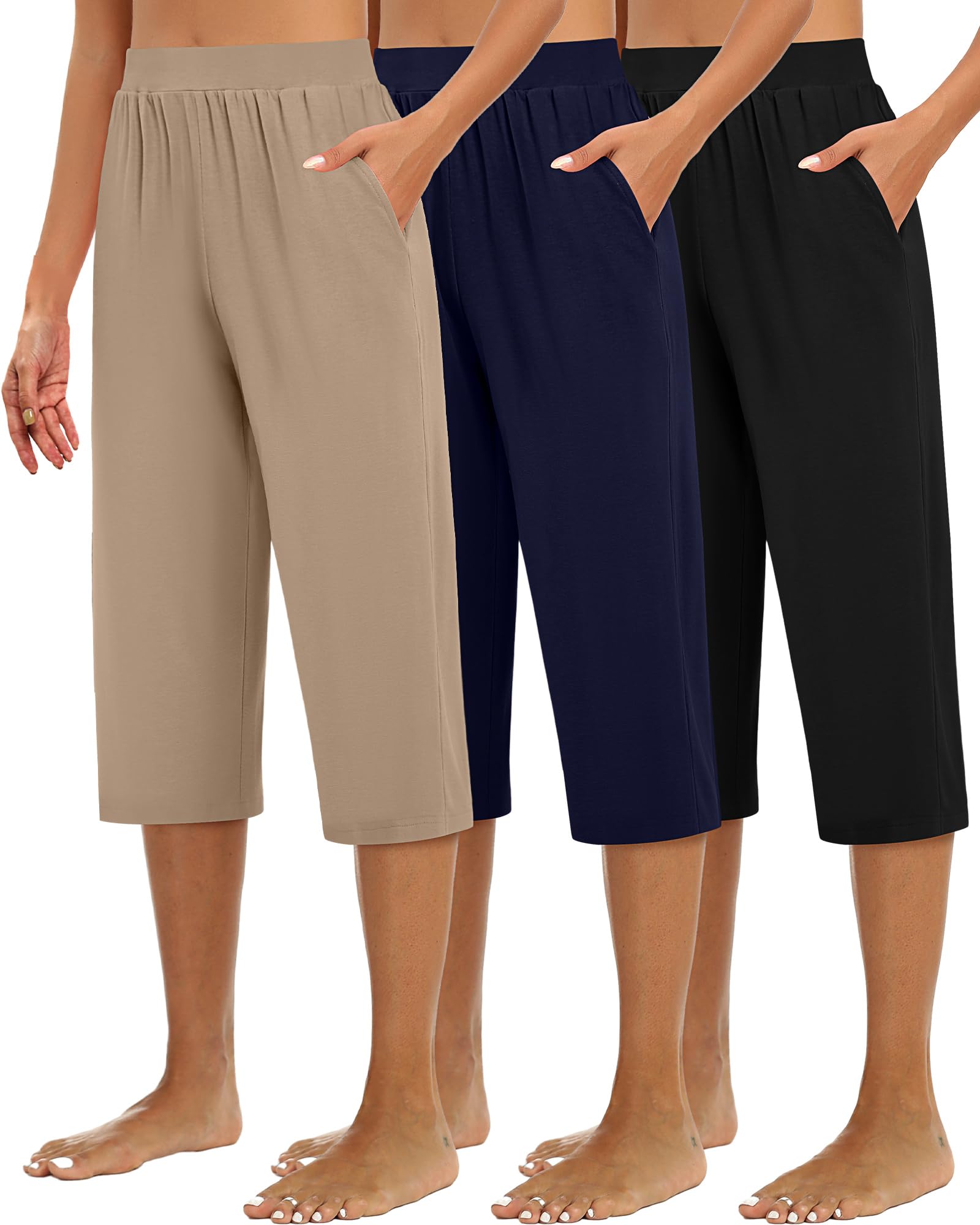 Geyoga Pack de 3 Pantalones Capri de chándal para Mujer, Perneras Anchas, Capri Cropped con Bolsillos, Pantalones Jogger