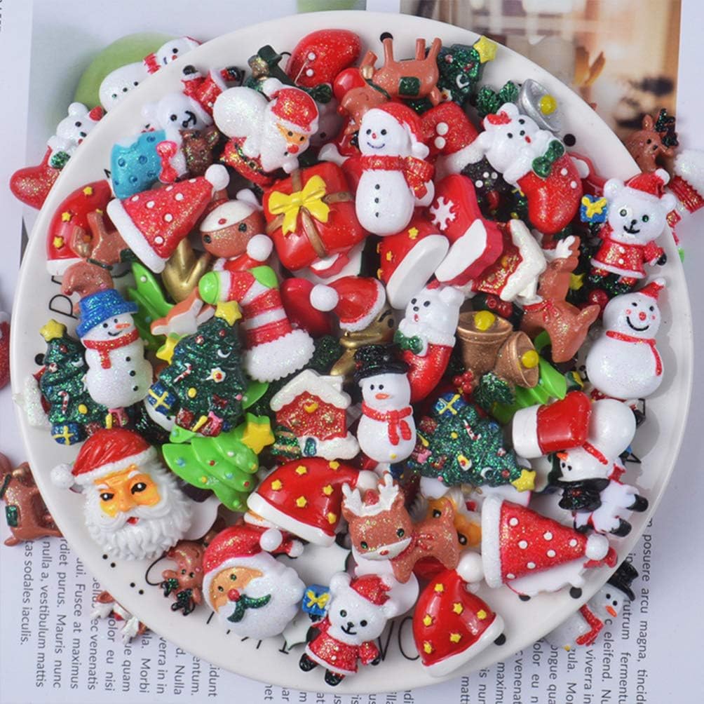 Happyyami 100pcs Christmas Flatback Embellishments Resin Santa Xmas Tree Snowman Bell Charms for DIY Craft Making Scrapbooking Jewelry Beads Embellishments