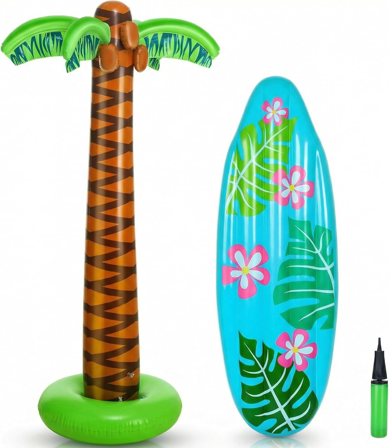JellyArch 2 Pcs Summer Inflatable Palm Tree and Surfboard Set 70 Inches Blow up Palm Trees and 35.5 Inch Inflatable Surf Board Float with Hand Pump for Hawaiian Beach Tropical Luau Pool Party
