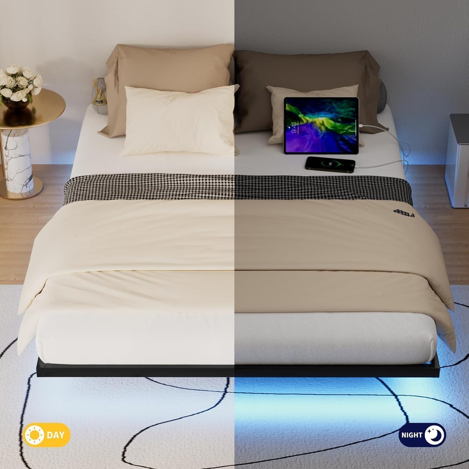 Floating Bed Frame King Size with LED Lights and Charging Station, Metal Platform Bed, Easy Assembly No Box Spring Needed