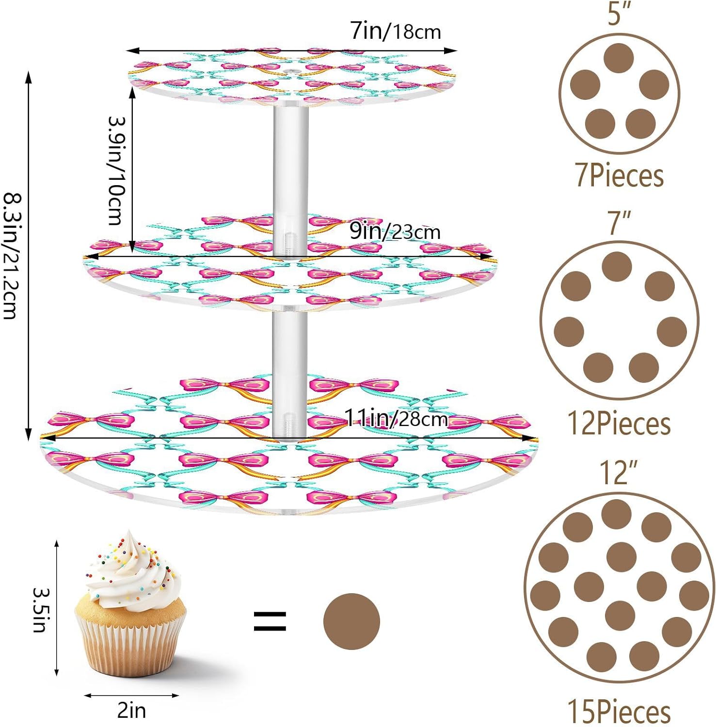 Doodle Colorful Bow 3 Tier Round Cupcake Stand, Acrylic Cupcake Stand, Tray Decoration, Dessert Tower, Suitable for Party, Holiday