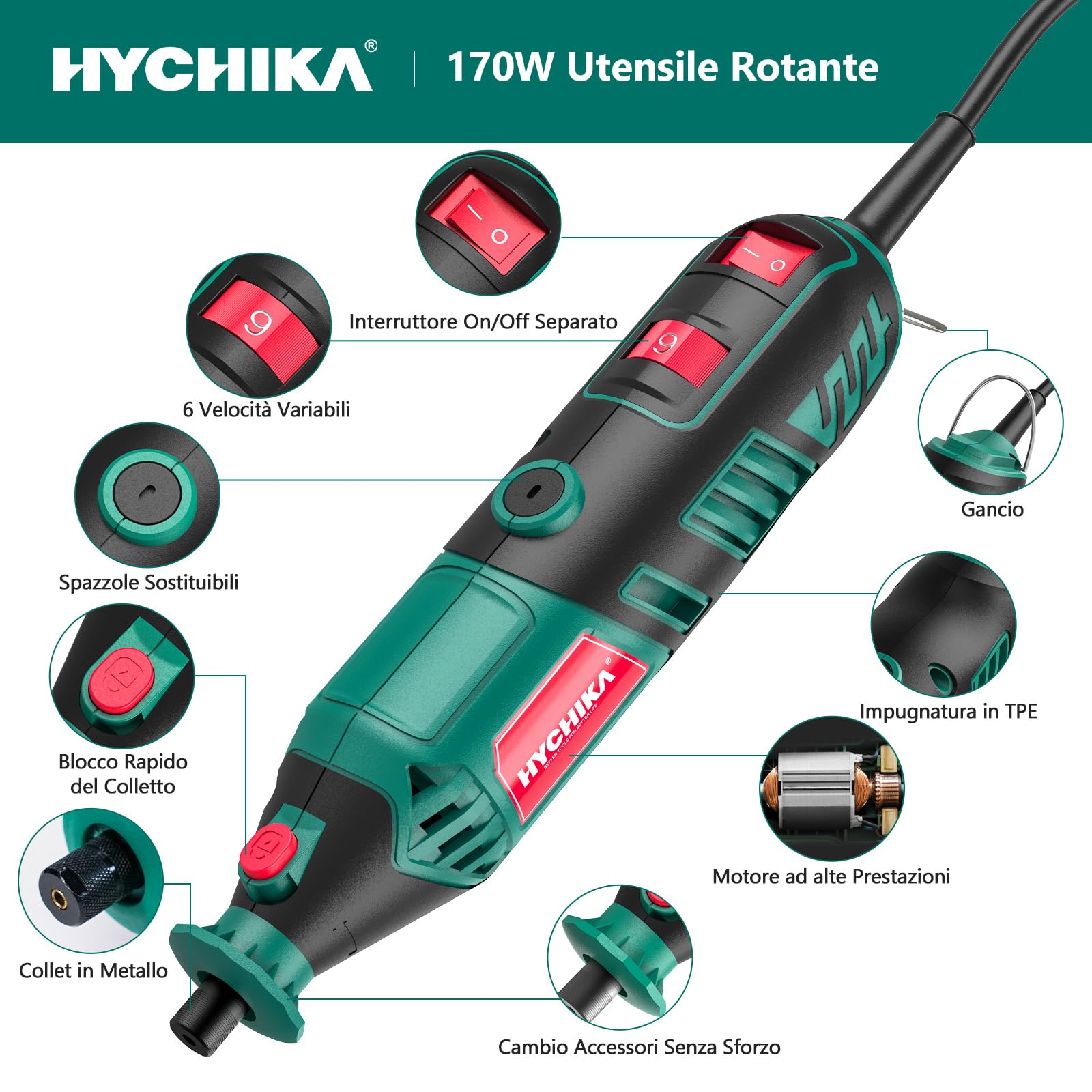 HYCHIKA 170W utensile rotante, kit di utensili rotanti a velocità variabile con albero flessibile, kit di accessori da 173 pezzi e multiutensile da 8000-35000 giri al minuto