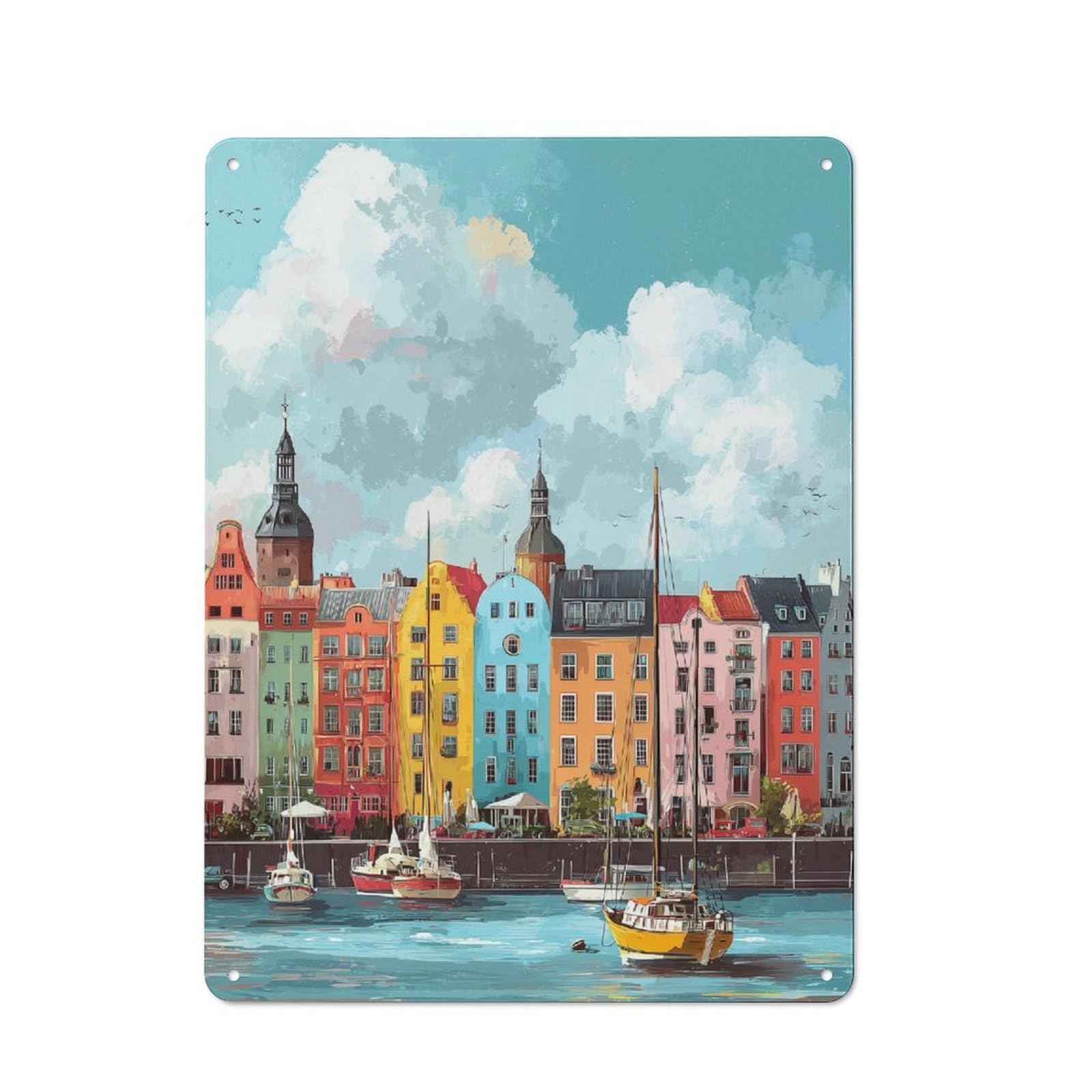 Junmoney Vibrant Harbor Scene Retro Tin Sign 40X30cm For Workshop Wall, For Collectors Of Retro Metal Wall Decor