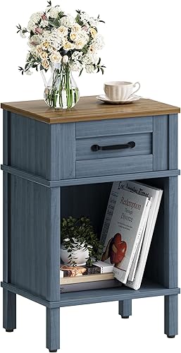 Miniatura 9 de Mesita de noche estilo granja con cajón, mesa auxiliar pequeña de madera, mesita de noche de madera para dormitorio, mesita de noche de madera, mesa