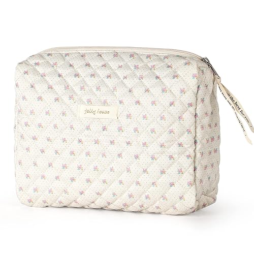 Sightor Bolsa de maquillaje de algodón, bolsa de cosméticos floral kawaii, bolsa de aseo de viaje grande, bolsa acolchada para cosméticos para