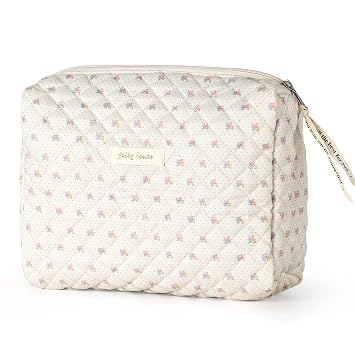 Sightor Cotton Makeup Bag, Kawaii Floral Cosmetic Bag Large Travel Toiletry Bag, Quilted Cosmetic Pouch for Women Beige