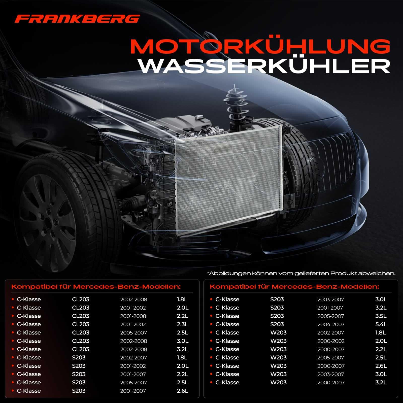 Frankberg Radiador Enfriador de agua Radiador del motor 2035000603 | Compatible con: Clase C Modelo T S203, SLK R171, CLK Cabriolet A209, Clase CLC CL203, CLK C209, Coupé Clase C CL203
