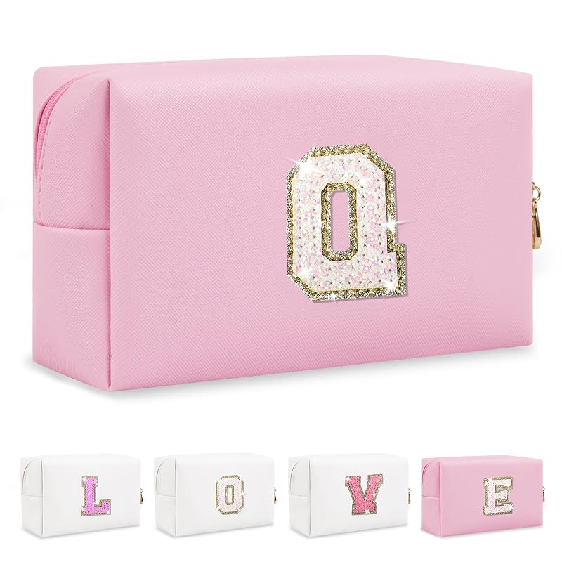 Necessaire de maquiagem ChaoGreat rosa com patch de letra A-Z, fechamento com zíper