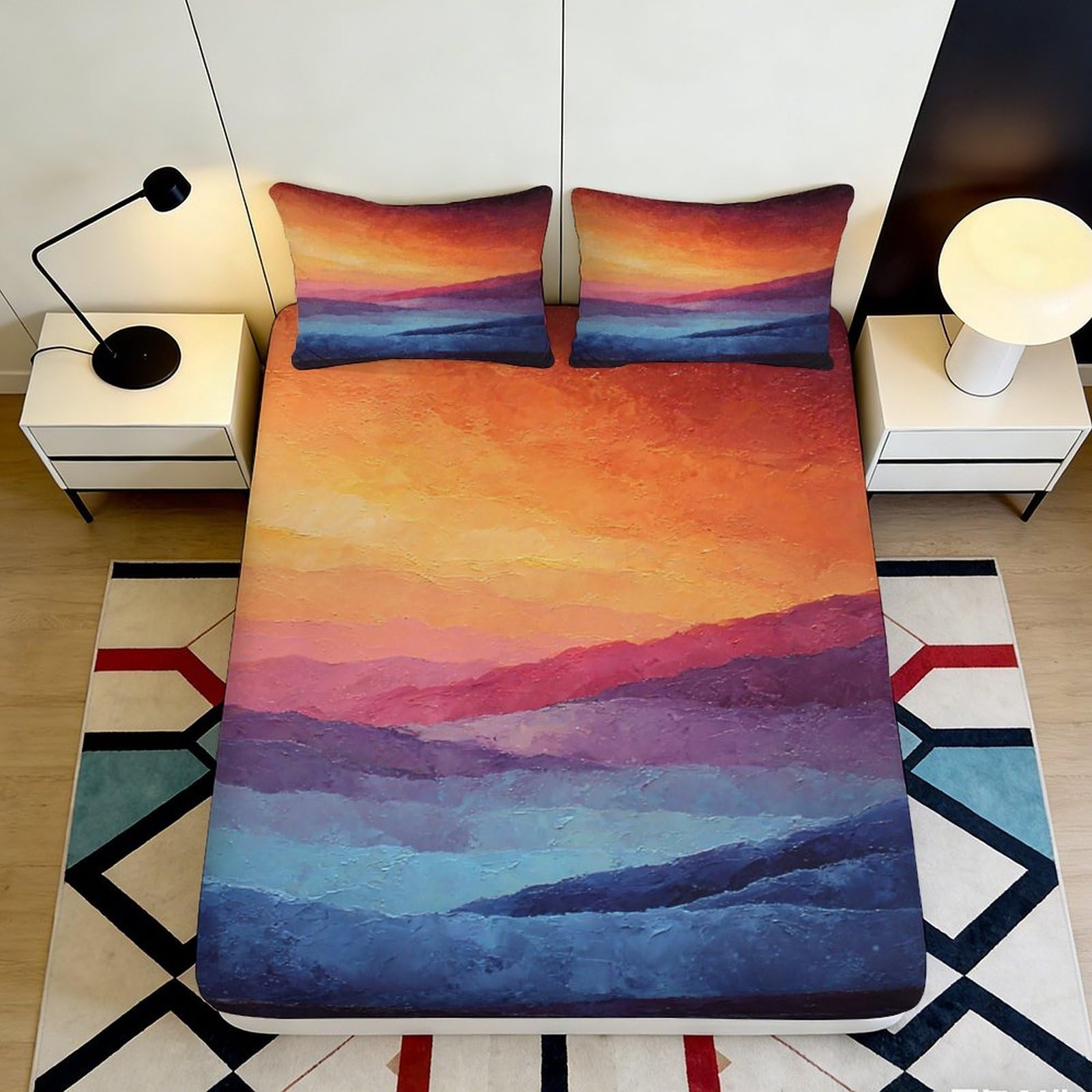 3D Printed Sunset Landscape Fitted Sheet Microfiber Soft Breathable Mountain View Mattress Cover for Bedroom Dormitory Guest Room Mattress Protection Decor 140x200x25cm