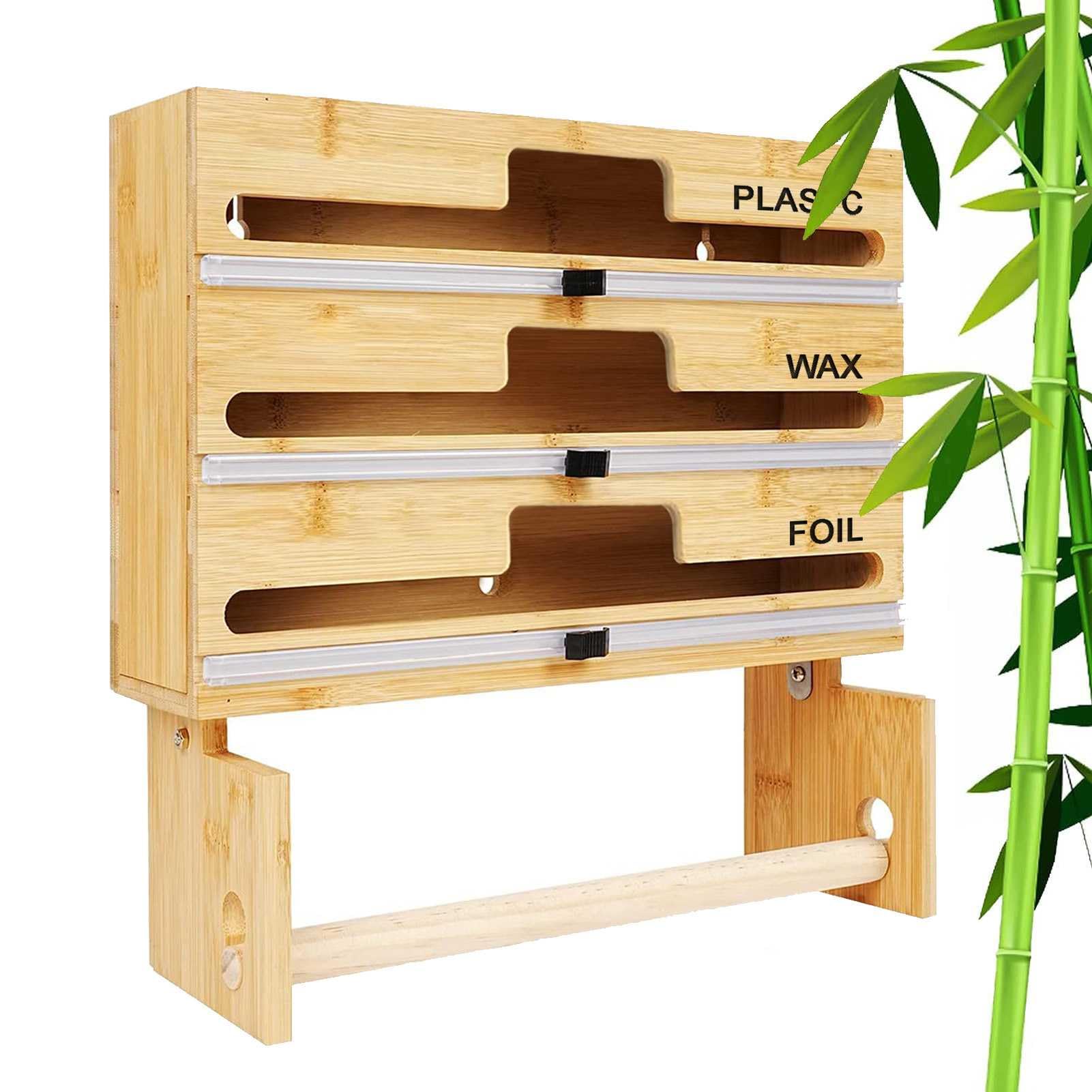 Dispensador y cortador de film transparente, dispensador de papel de aluminio de bambú rellenable, soporte para rollo de cocina 4 en 1 para montaje en pared, organizador de almacenamiento para papel d