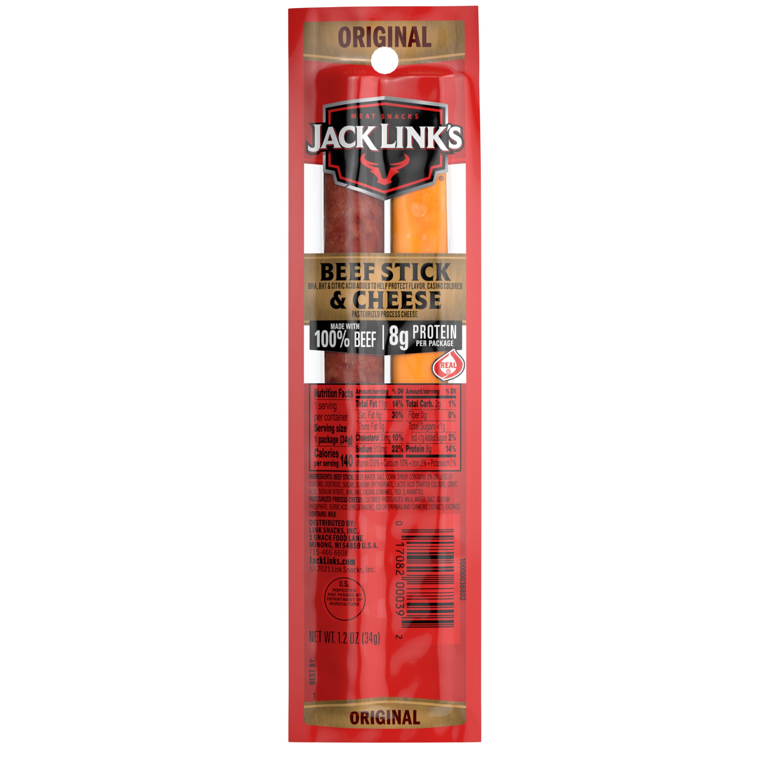 Jack Link's Original Beef & Cheese Combo Snack Pack – 100% Beef Stick and Cheese Stick Made with Real Wisconsin Cheese - 8g Protein and 140 Calories per serving, 1.2 oz. (Pack of 16)