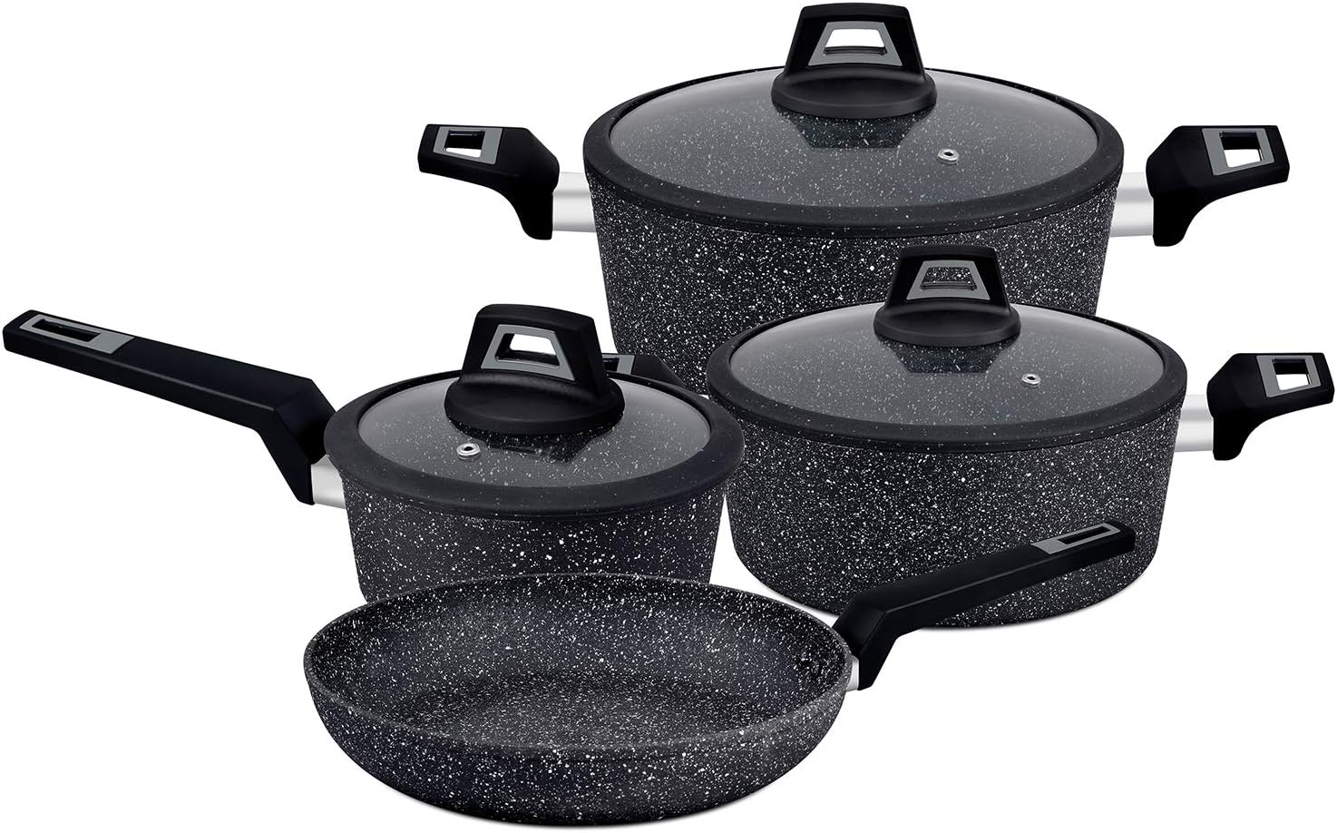 Royalford Chef Art Aluminium Cookware Set, 7 Pieces, Black, RF9557, Scratch Resistant, Tempered Glass Lids, 2.5MM Body Thickness, Bakelite Knobs, and CD Bottom