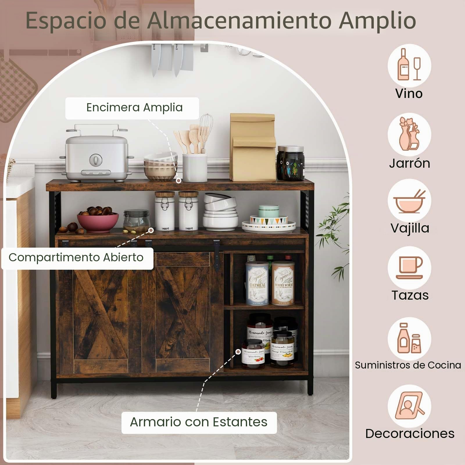 GOPLUS - Mueble de almacenamiento de cocina con 2 puertas correderas, aparador de cocina estilo industrial con 6 compartimentos abiertos y patas ajustables para sala de estar, cocina, 100 x 33 x 88 cm