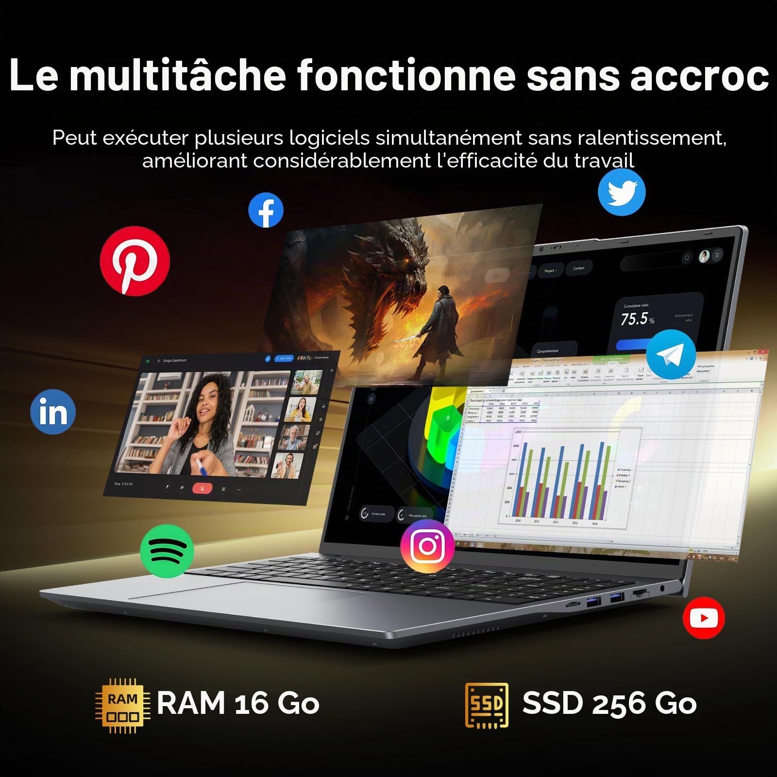 16" Ordinateur Portable Gamer-Core i5-8210Y(Jusqu'à 3,6 GHz),16GB RAM,256GB SSD,FHD 1920x1200 16:10,Clavier rétroéclairé Wi-FI5 BT5.0,USB-A,HDMI,RJ45 Film Silicone AZERTY 44Wh (7.6V/5800MA)